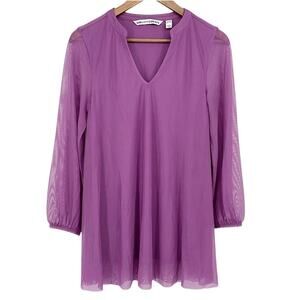 GIRL WITH CURVES NWOT Y Neck Knit Mesh Overlay Blouse Purple XXS Relaxed Tunic